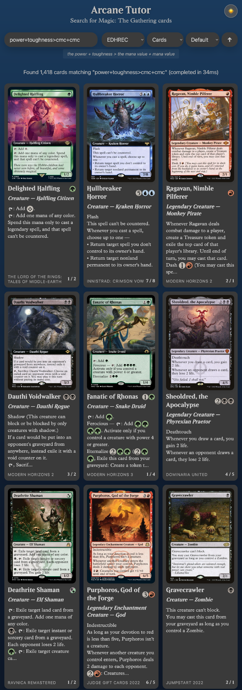 Results for power+toughness>cmc+cmc